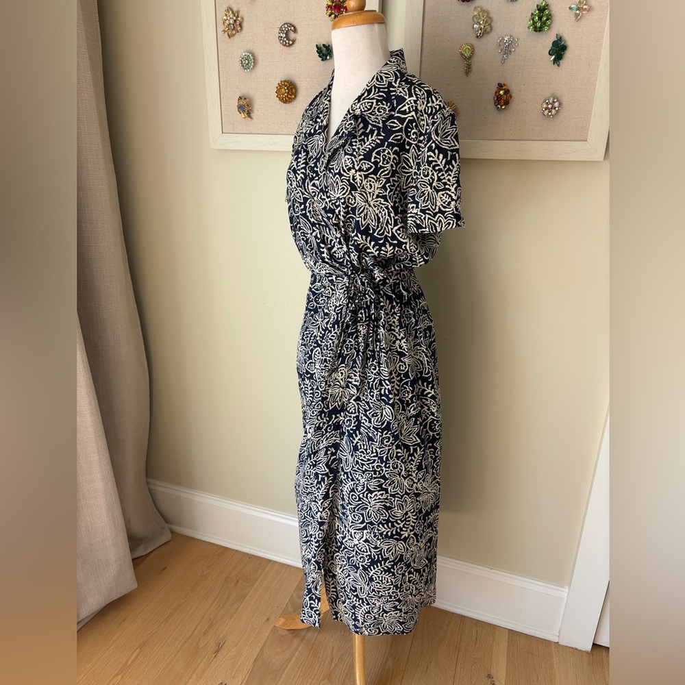 Vintage 90s Maggy London By Kenneth Nolan Silk Wrap Dress SZ 6 Navy Off-White